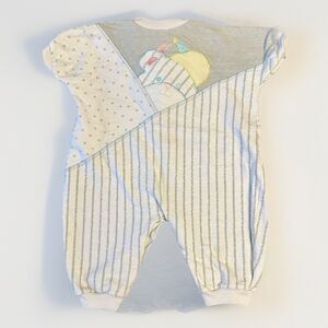 Vintage 1990s Baby Romper Size 9 months Teddy Bear Baseball Cap Pastel Gray